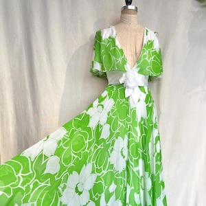 Vintage 1970s Estévez Green Floral Chiffon Maxi Dress