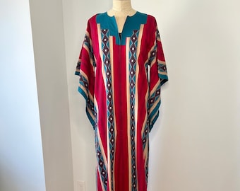 Vintage 1970s S/M Retro Geometric Cotton Kimono Sleeve Zip Up Caftan