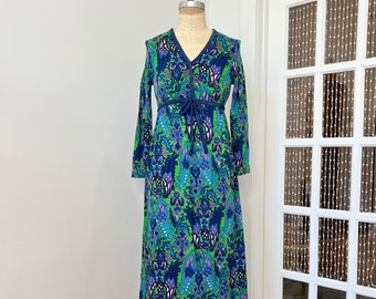 Vintage Rare 1960s XS/S Mod Paisley Empire Waist Long Sleeve Maxi Dress