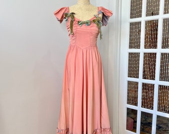 Vintage 1950s XS/S Taffeta Pink Evening Gown with Velvet Bows