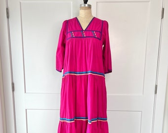 Vintage 1970s M/L Pink Indian Cotton A-line Dress