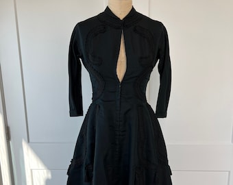 Vintage 1950s XS Black Appliqué Fit & Flare Midi Dress