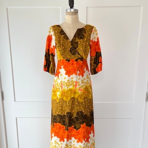 1960s BJ’s Fashions Honolulu Hawaii Mod Floral Puffed Sleeve Maxi Dress, Vintage Orange & Brown Hawaiian Dress