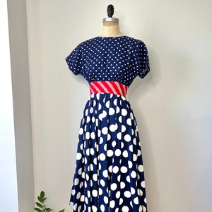 Vintage XS 1980s does 1950s Polka Dot Red, White and Blue Pleated Fit and Flare Backless Dress