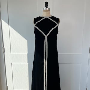 1960s Black Velvet Sleeveless Maxi Dress with Silver Braided Appliqué