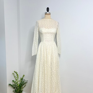 Vintage 50er XS / S Lace Sweetheart Ausschnitt Brautkleid, 1950er Jahre Langarm Brautkleid