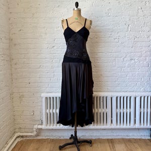 Vintage Y2K Black Floral Beaded Evening Dress, Asymmetrical Hem Cocktail Dress