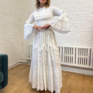 Vintage 1960s XS/S Handmade Cotton Prairie Mock Neck Wedding Dress, 1960s Cottagecore Bell Sleeve Wedding Dress