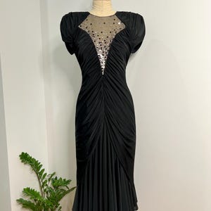 Vintage 1980s Black Ruched, Mesh Paneled Embellished Backless Dress