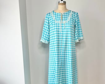 Vintage M/L 1960s Blue and White Gingham Lace Trim House Dress