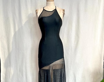 Vintage 1990s Tims Paris XS/S Black Asymmetrical Sheer Bodycon Dress, 1990s Black Halter Neck Dress