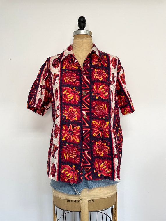 1950s/60s Ui-Maikai Floral Tiki Guy Cotton Hawaiia