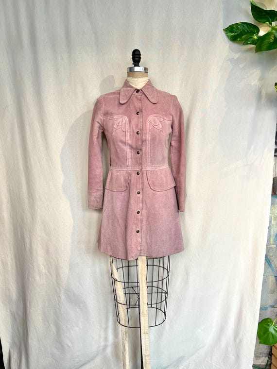 pink suede mini dress Vintage 1960s Pink Suede Mini Dress: Bohemian Snap Closure