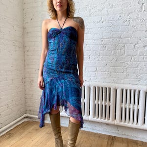 Vintage Y2K Shelli Segal 100% Silk Purple and Blue Paisley Beaded Dress