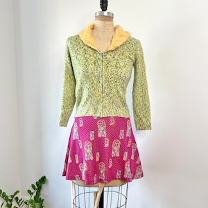 Vintage 1970s XS/S Green & Yellow Confetti Zip Up Sweater