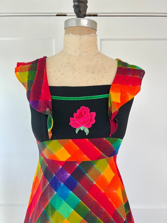 1970s XS/S Mod Plaid Rose Appliqué Maxi Dress - image 2