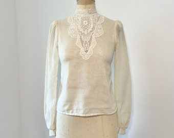 Vintage 1970s Gunne Sax S/M Cottagecore Sheer Cotton Lace Paneled Long Sleeve Blouse, 1970s Gunne Sax Top
