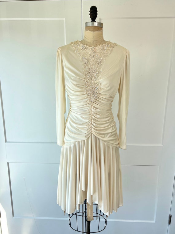 1980s S/M White Draped Grecian Beaded Front Dress