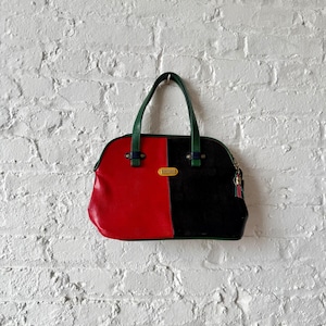 Vintage 1980s Red, Black, Green & Blue Colorblock Top Handle Bag, 1980s Textured Leather Purse