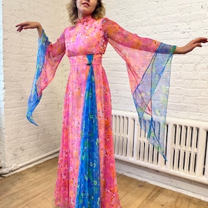 Vintage 1960s XS/S Pink and Blue Angel Sleeve Chiffon Sweet Floral Mandarin Collar A-line Kimono Sleeve Maxi Dress