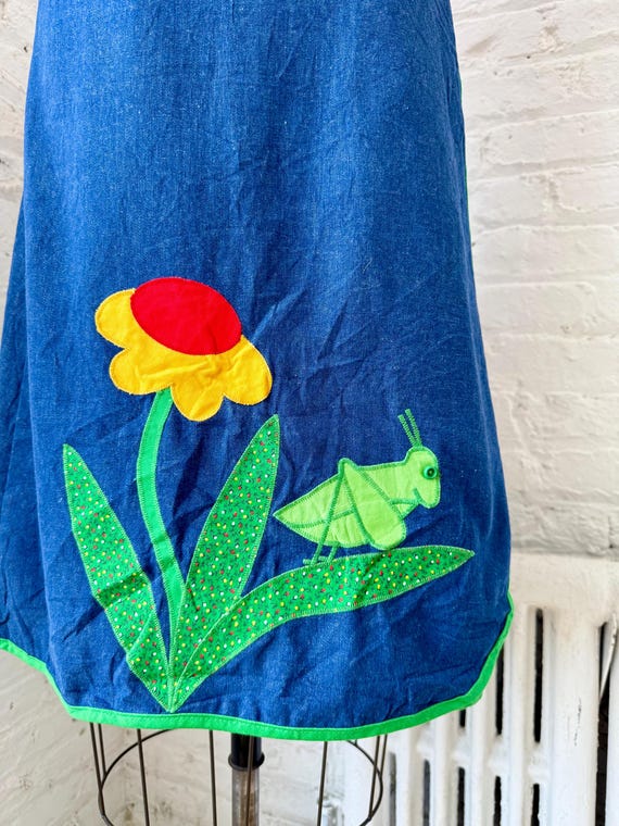 Vintage 1970s Grasshopper & Flower Appliqué Cotto… - image 4