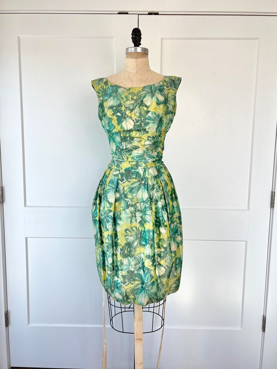 Vintage 1950s/60s XXS/XS Blue & Green Floral Dress - image 1