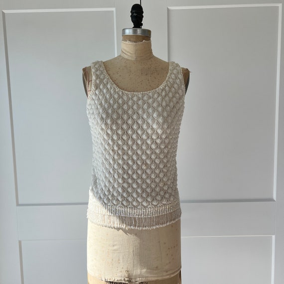 1950s S/M White Beaded Knit Fringe Tank - image 1