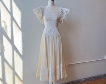 True Vintage 1970s Full Sweep Bridal Dress | Layered Flutter Sleeve Lace Dropwaist Dress