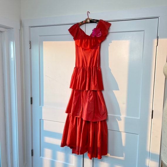 Vintage 1950s XS Handmade Three Tiered Bardot Ruffled Cotton Dress Vintage 1950s XS Handmade Three Tiered Bardot Ruffled Cotton Dress