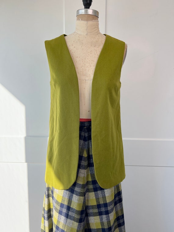 1960s S/M Green & Blue Plaid Wool Vest, A-line Sk… - image 3