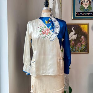 Vintage 1940s Satin Floral and Bird Embroidered Long Sleeve Pajama Blouse, Antique Satin Embroidered Top