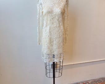 Vestido evasê de renda marfim, estilo anos 90 | Mini vestido de manga comprida dos anos 90