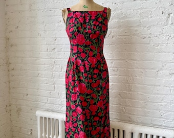 Vintage 1950s Red Floral Silk Shift Dress