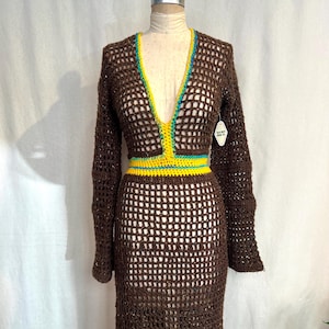 Vintage 1970s Handmade M/L Brown Crochet Bell Sleeve Maxi Dress, Vintage One of a Kind Festival Dress