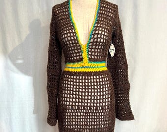 Vintage 1970s Handmade M/L Brown Crochet Bell Sleeve Maxi Dress, Vintage One of a Kind Festival Dress