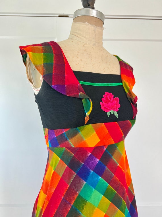 1970s XS/S Mod Plaid Rose Appliqué Maxi Dress - image 6