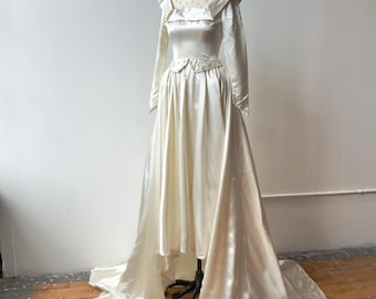 1950s Vintage Wedding Dress Ivory Liquid Satin Bridal | 1950s Mesh Paneled Bridal Gown Long Sleeve Ruffle Neckline Full Train