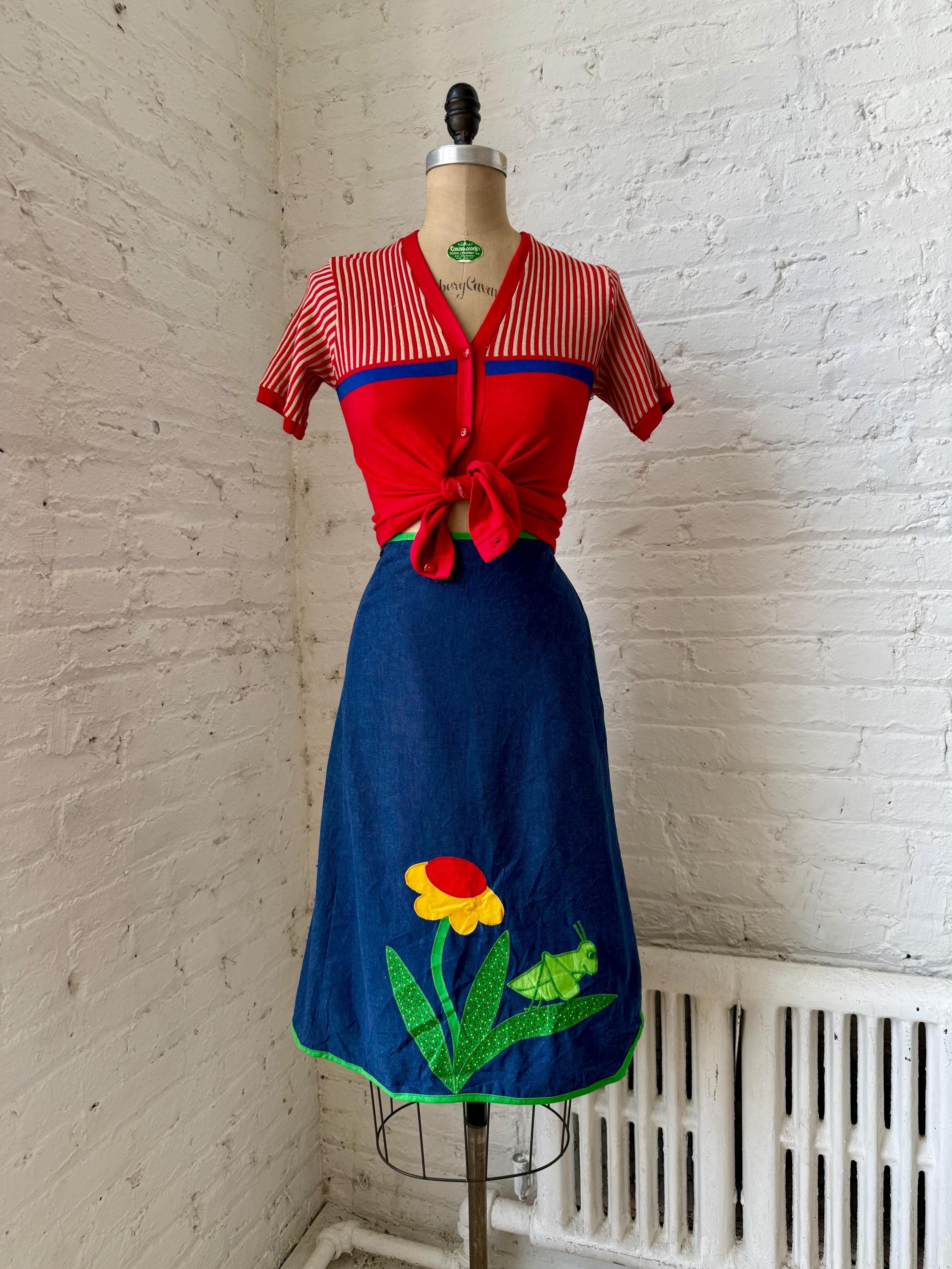 Vintage 1970s Grasshopper & Flower Appliqué Cotton Denim
