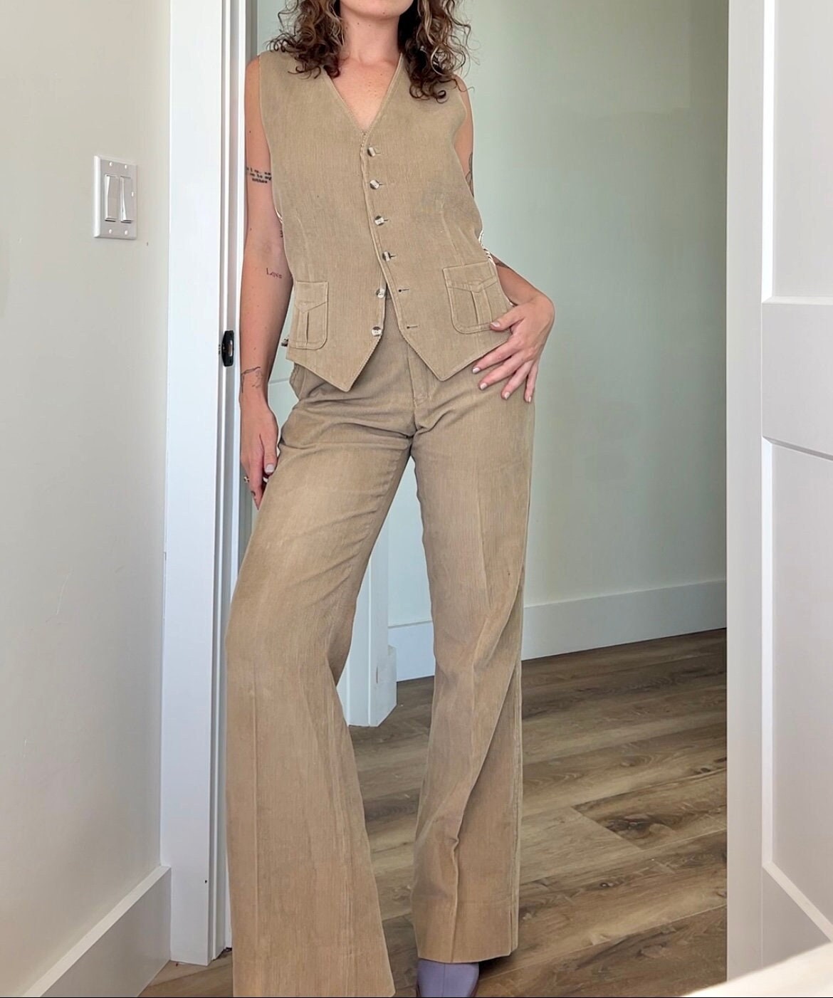 Vintage 1970s Tan Corduroy Vest & Flared Pant Suit - Etsy Vintage 1970s Tan Corduroy Vest & Flared Pant Suit - Etsy