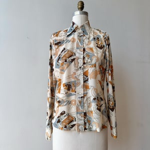 Vintage 1970s Novelty Print Button Up Shirt | Women's Dagger Collar Blouse