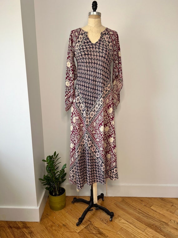 1970s Indian Cotton S-L Floral Block Print Caftan,