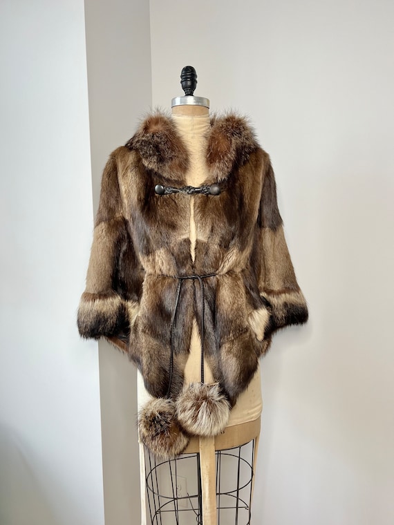 Vintage 1970s Diane Furs Fur Cape with Leather Clo