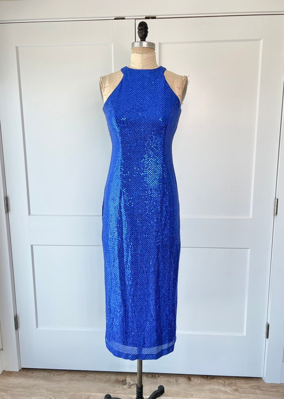 Vintage 1990s S/M Blue Sequin All That Jazz Bodyc… - image 1