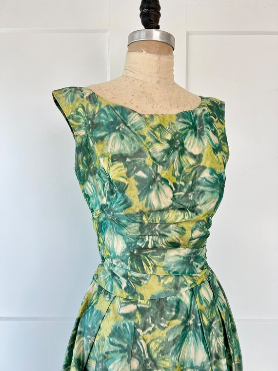 Vintage 1950s/60s XXS/XS Blue & Green Floral Dress - image 7