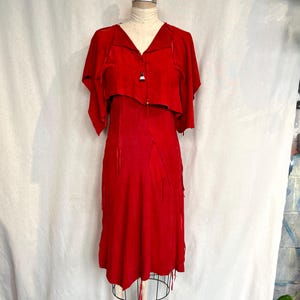 Vintage 1970s S/M Red Suede Western Style Beaded Dress, 1970s Red Asymmetrical Dress