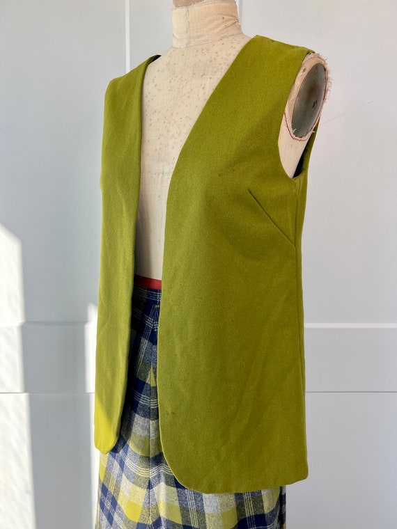 1960s S/M Green & Blue Plaid Wool Vest, A-line Sk… - image 6