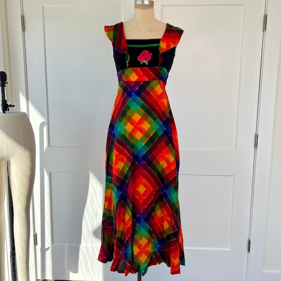 1970s XS/S Mod Plaid Rose Appliqué Maxi Dress - image 1