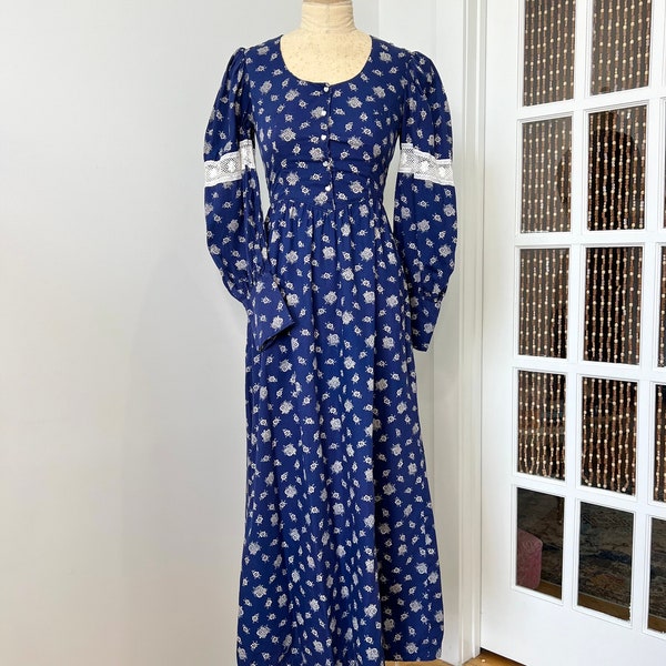 Vintage XS 1970s Bohemian Navy Floral Print Blue Prairie Dress