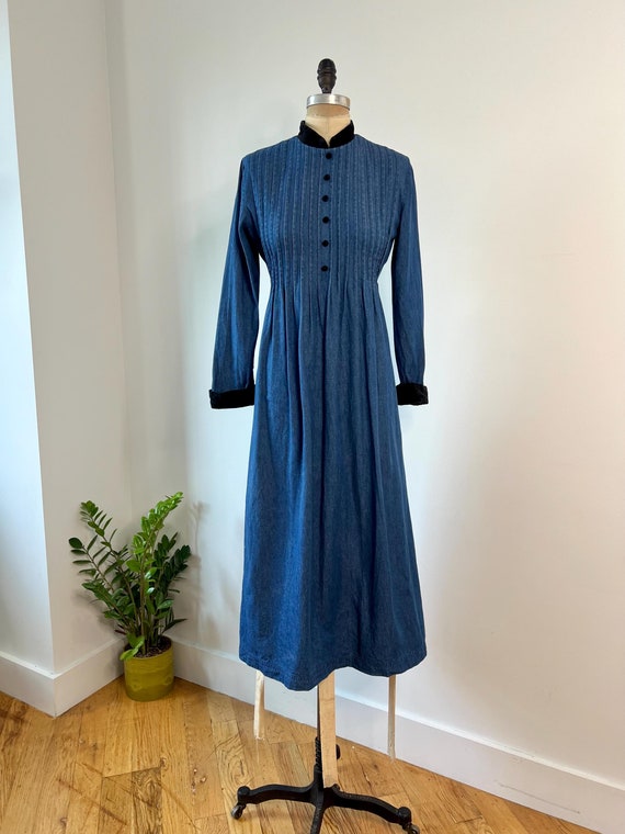 Buy Vintage 1980s Denim Maxi Dress, Velvet Trim, Pleated Online in India -  Etsy