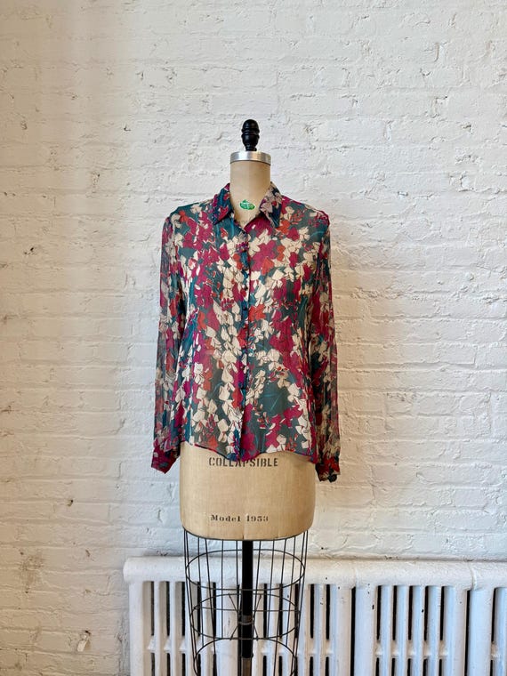 Blouse/chemisier Tahari à Motifs Floraux Transparent (sheer) - Taille M - Manches 3/4 - Occasion TB
